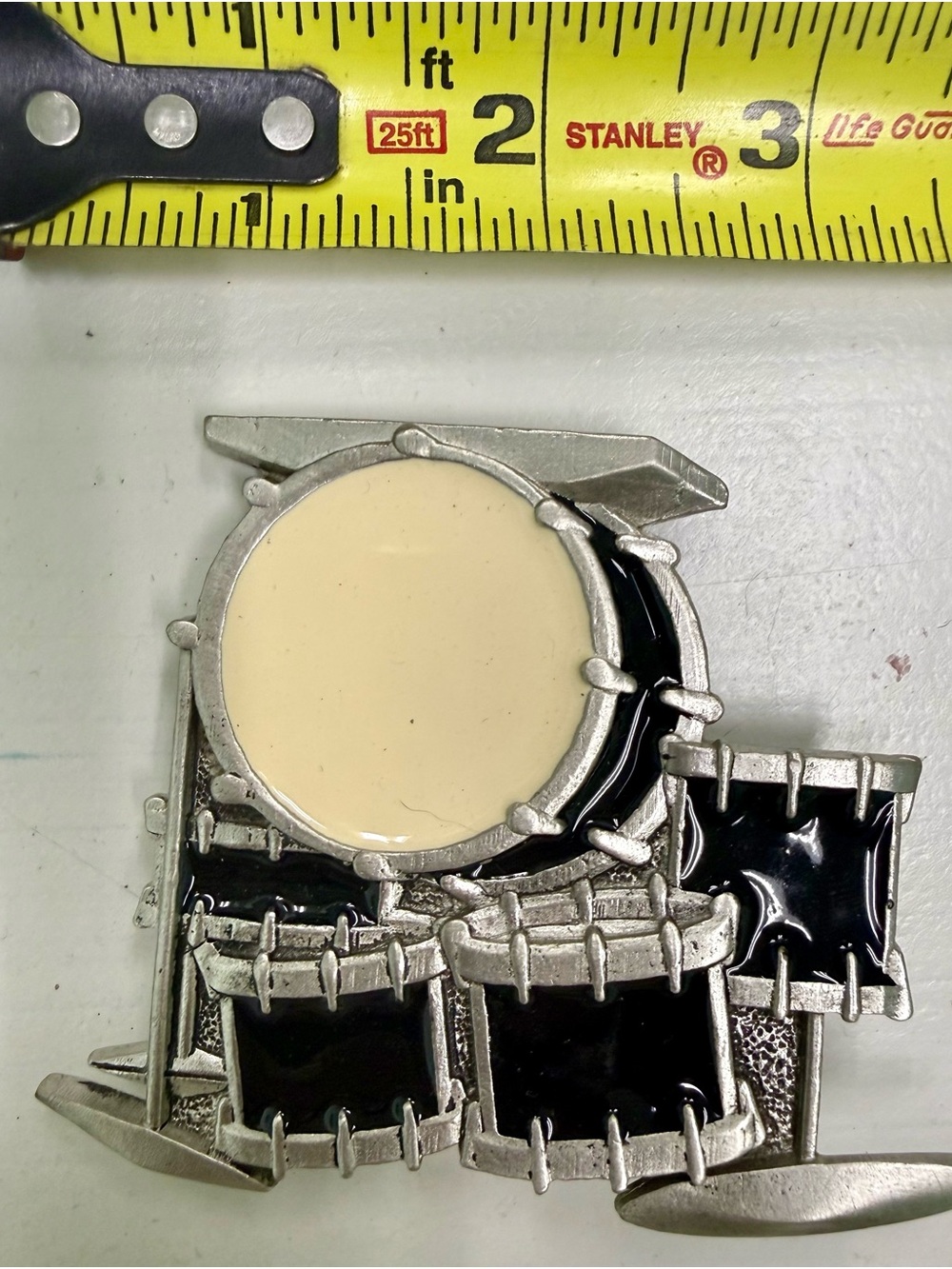 Men's Drum Set Silver Metal BELT BUCKLE - Cream and Black